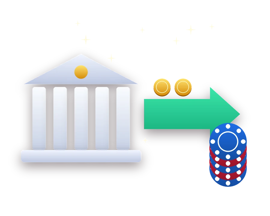 Spilleautomat med klokker og en bankbygning, der illustrerer bankoverførsel til casino
